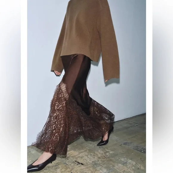 ZARA SATIN EFFECT LACE SKIRT ZW COLLECTION BROWN SMALL - Picture 5 of 11